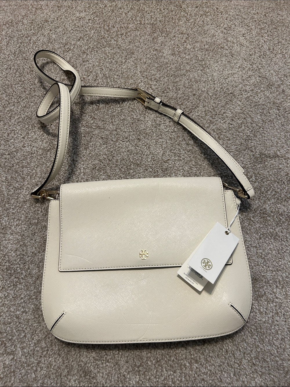 NWT Tory Burch Ivory Saffiano Crossbody Bag with Gold Logo